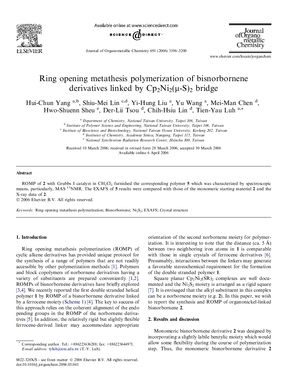 Ring opening metathesis polymerization of bisnorbornene derivatives linked by Cp2Ni2(μ-S)2 bridge