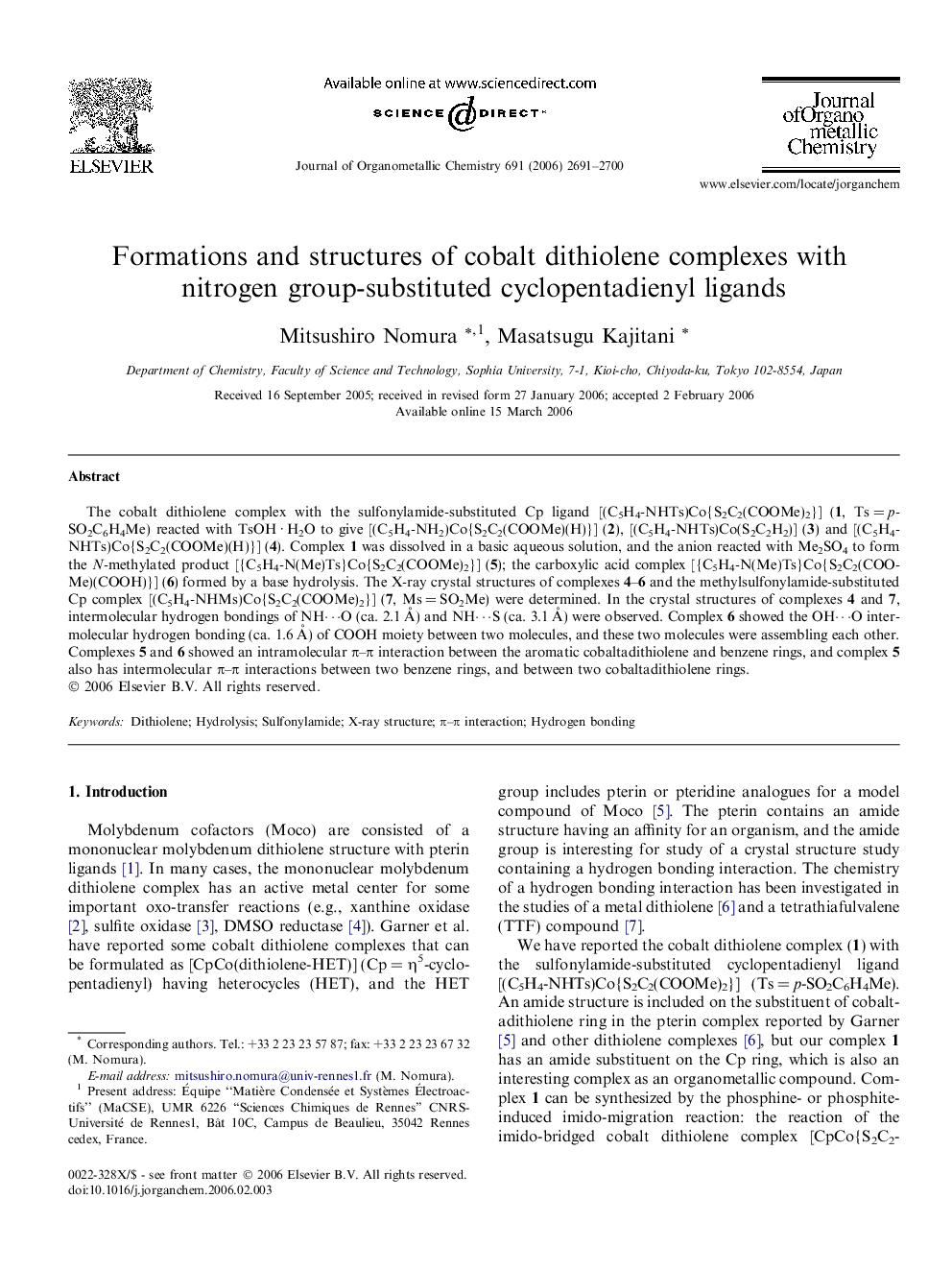 Formations and structures of cobalt dithiolene complexes with nitrogen group-substituted cyclopentadienyl ligands