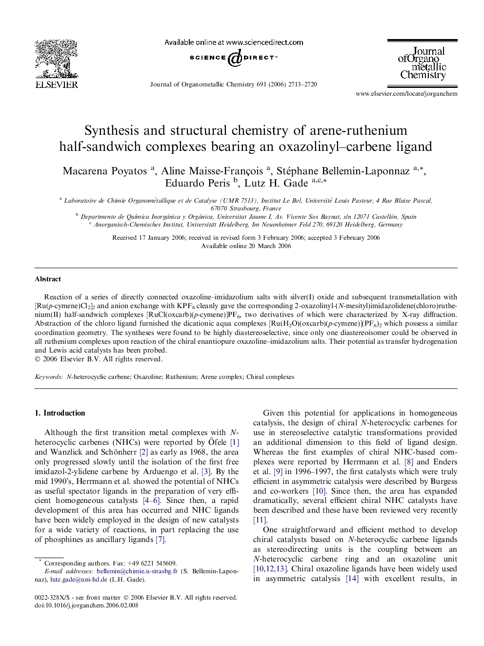 Synthesis and structural chemistry of arene-ruthenium half-sandwich complexes bearing an oxazolinyl–carbene ligand
