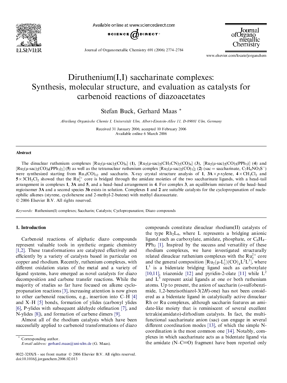 Diruthenium(I,I) saccharinate complexes: Synthesis, molecular structure, and evaluation as catalysts for carbenoid reactions of diazoacetates