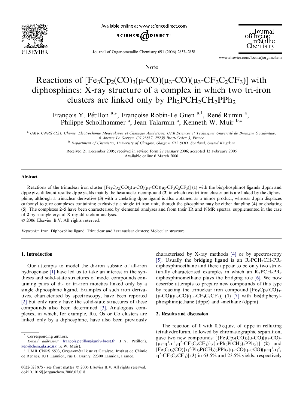 Reactions of [Fe3Cp2(CO)3(Î¼-CO)(Î¼3-CO)(Î¼3-CF3C2CF3)] with diphosphines: X-ray structure of a complex in which two tri-iron clusters are linked only by Ph2PCH2CH2PPh2