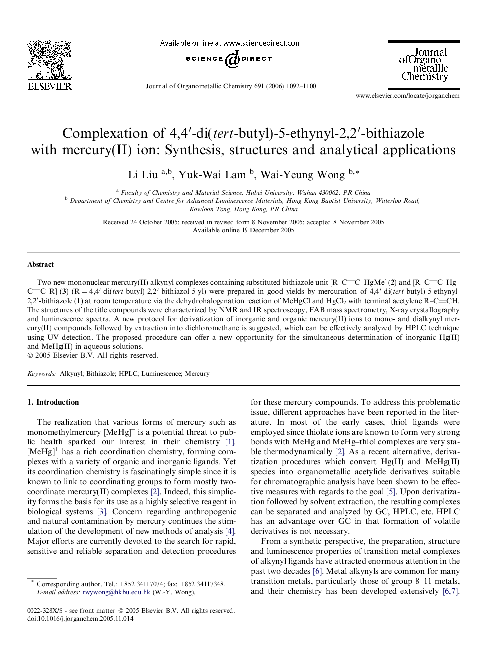 Complexation of 4,4′-di(tert-butyl)-5-ethynyl-2,2′-bithiazole with mercury(II) ion: Synthesis, structures and analytical applications