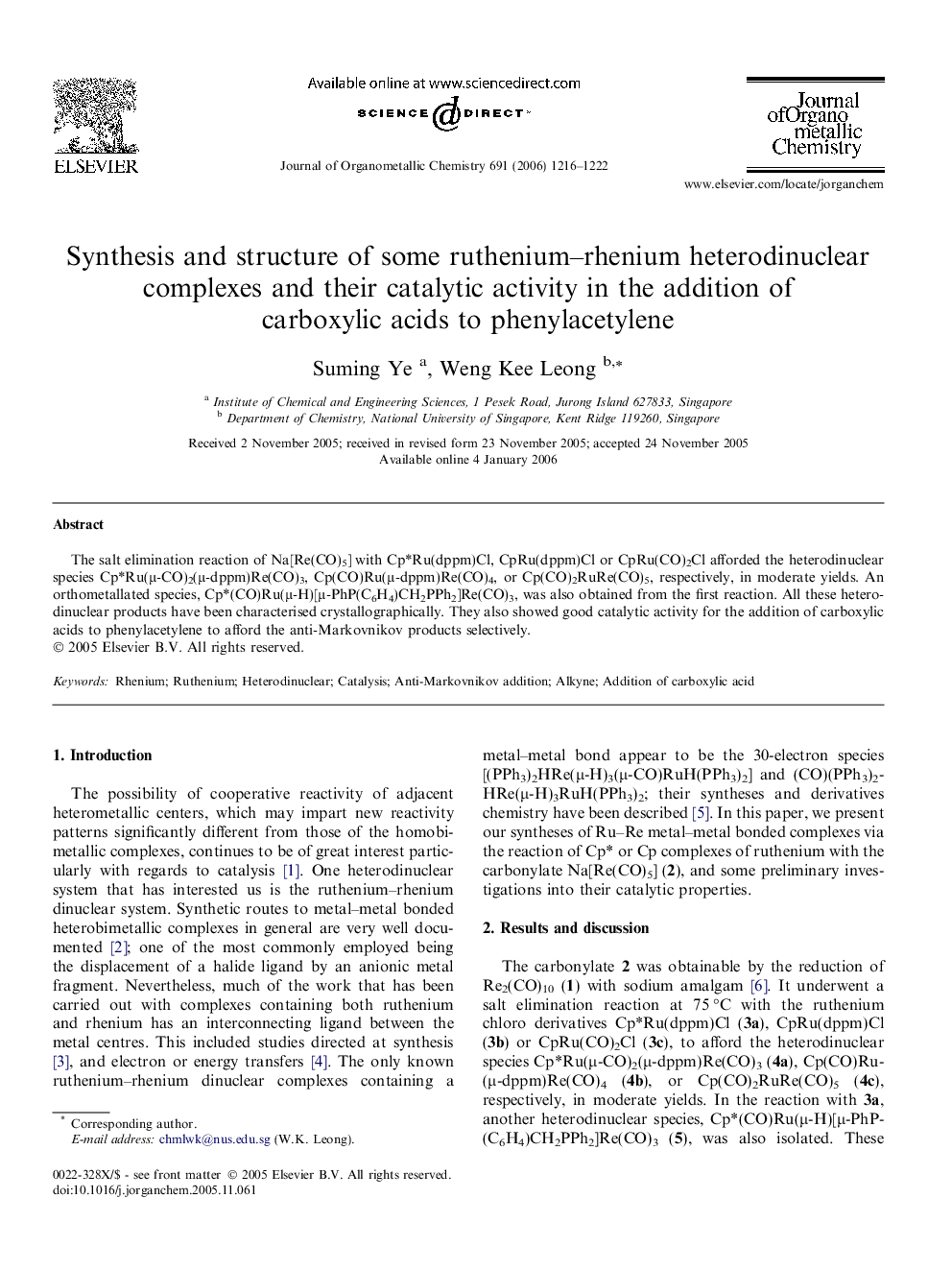 Synthesis and structure of some ruthenium–rhenium heterodinuclear complexes and their catalytic activity in the addition of carboxylic acids to phenylacetylene
