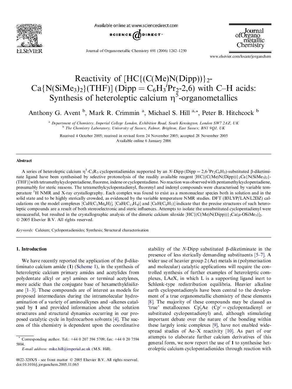 Reactivity of [HC{(C(Me)N(Dipp))}2Ca{N(SiMe3)2}(THF)] (Dipp = C6H3iPr2-2,6) with C–H acids: Synthesis of heteroleptic calcium η5-organometallics