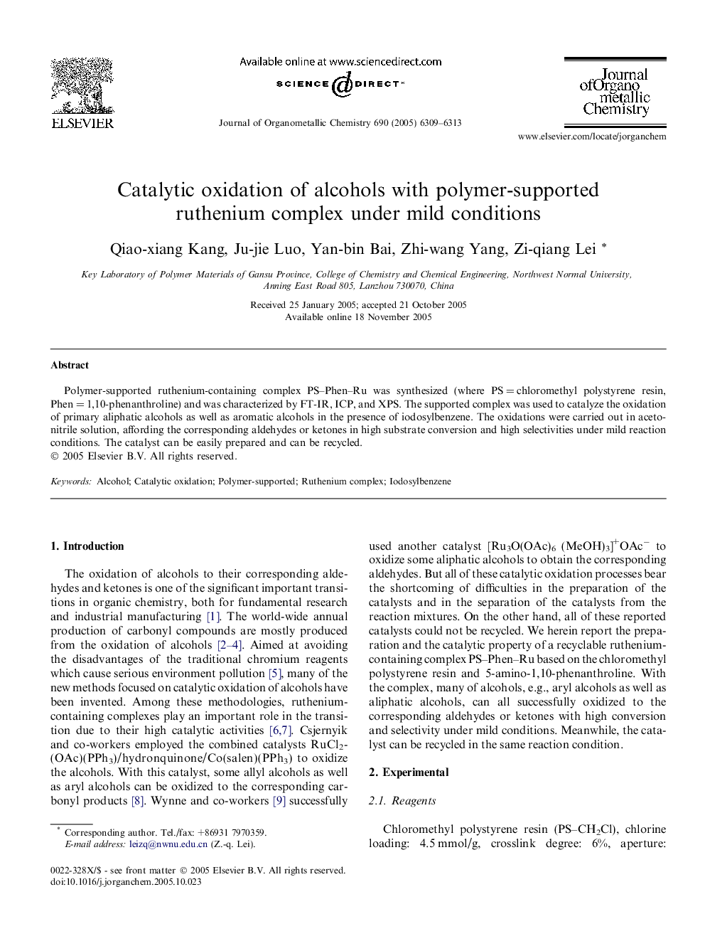 Catalytic oxidation of alcohols with polymer-supported ruthenium complex under mild conditions