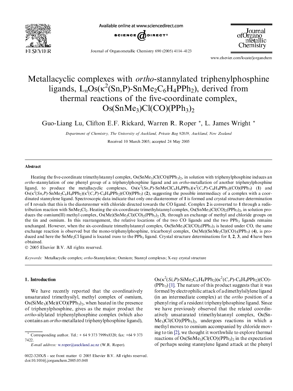 Metallacyclic complexes with ortho-stannylated triphenylphosphine ligands, LnOs(Îº2(Sn,P)-SnMe2C6H4PPh2), derived from thermal reactions of the five-coordinate complex, Os(SnMe3)Cl(CO)(PPh3)2