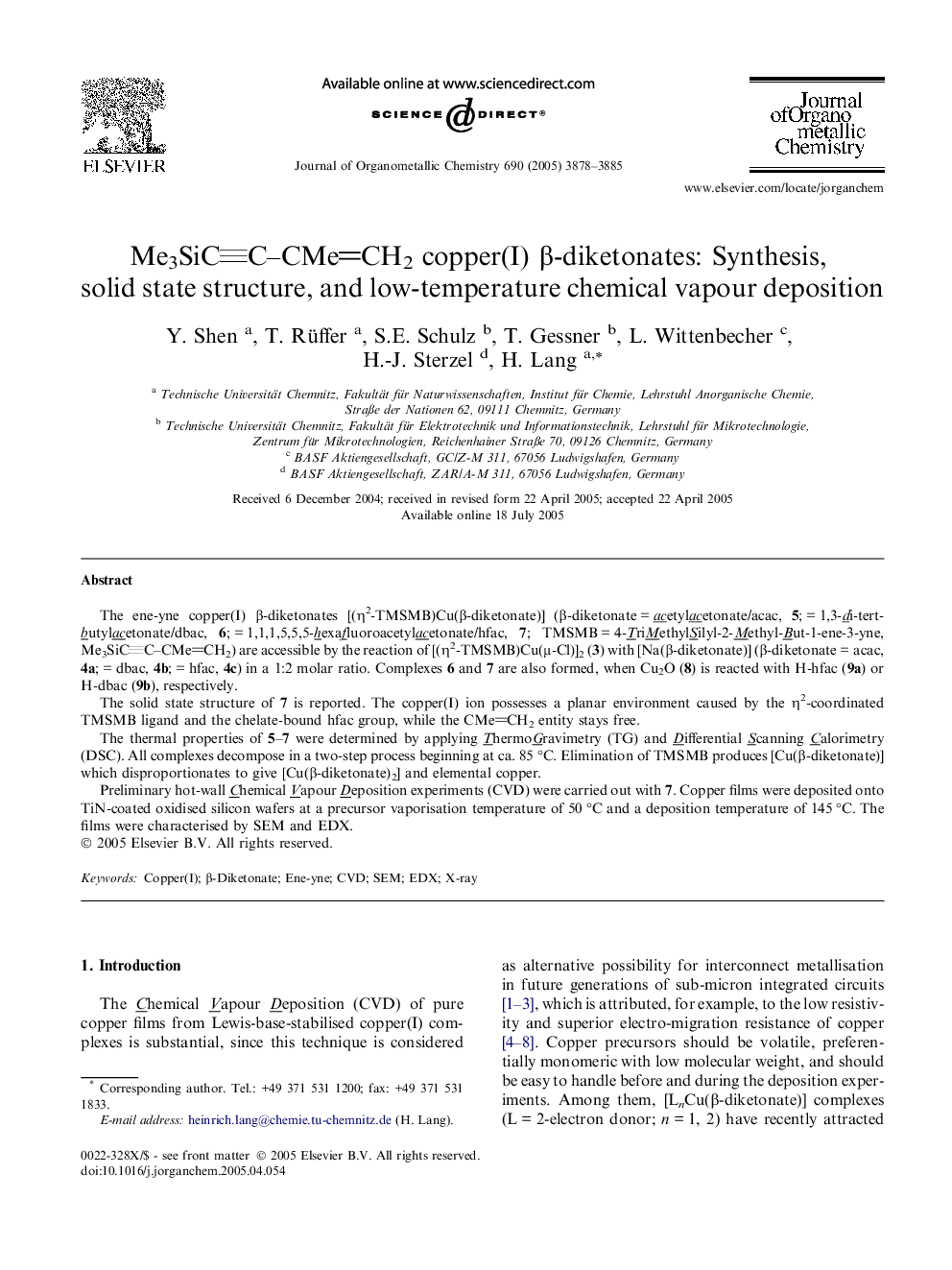 عکس صفحه اول مقاله: Me3SiCC-CMeCH2 copper(I) β-diketonates: Synthesis, solid state structure, and low-temperature chemical vapour deposition Me3SiCC-CMeCH2 copper(I) β-diketonates: Synthesis, solid state structure, and low-temperature chemical vapour deposition