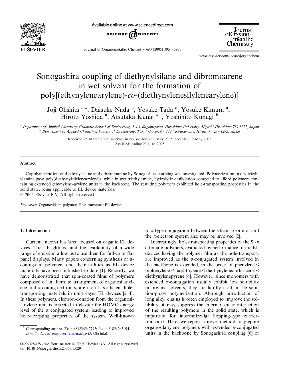 Sonogashira coupling of diethynylsilane and dibromoarene in wet solvent for the formation of poly[(ethynylenearylene)-co-(diethynylenesilylenearylene)]