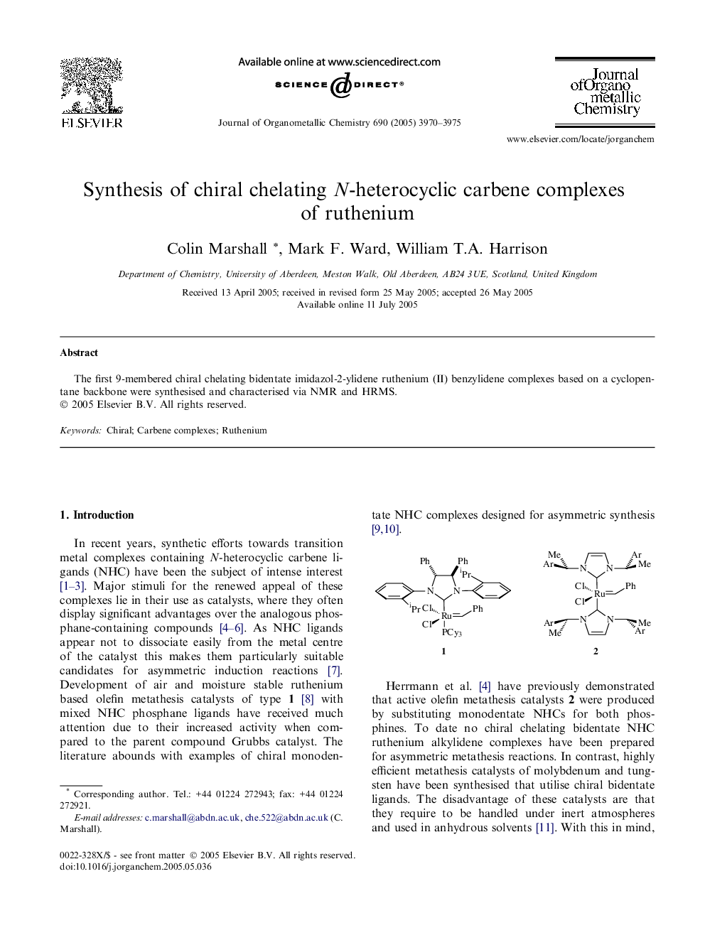 Synthesis of chiral chelating N-heterocyclic carbene complexes of ruthenium