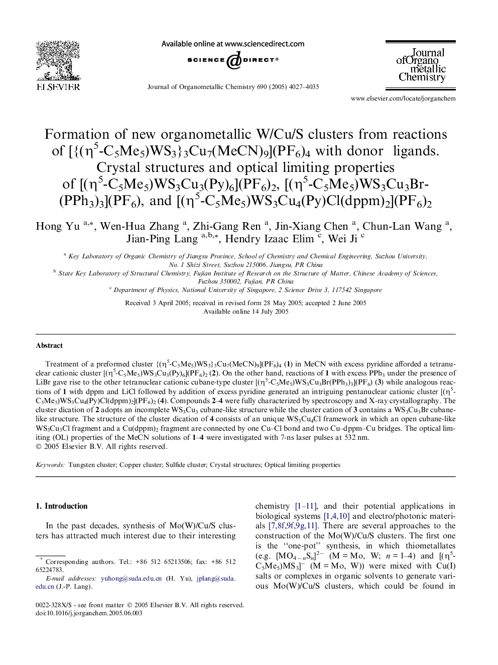 Formation of new organometallic W/Cu/S clusters from reactions of [{(Î·5-C5Me5)WS3}3Cu7(MeCN)9](PF6)4 with donor ligands. Crystal structures and optical limiting properties of [(Î·5-C5Me5)WS3Cu3(Py)6](PF6)2, [(Î·5-C5Me5)WS3Cu3Br(PPh3)3](PF6), and [(Î·5-C5