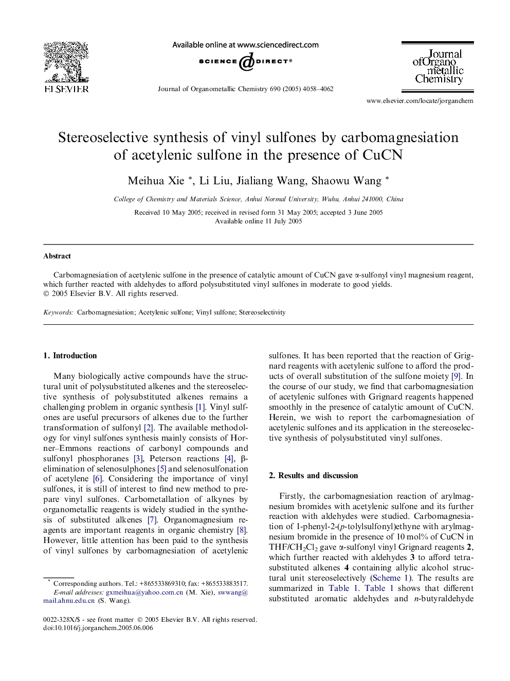 Stereoselective synthesis of vinyl sulfones by carbomagnesiation of acetylenic sulfone in the presence of CuCN