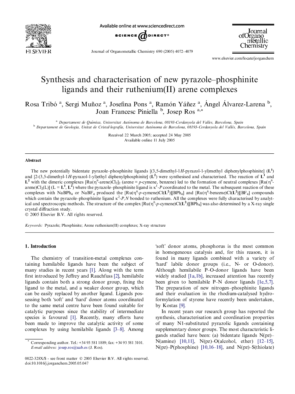 Synthesis and characterisation of new pyrazole–phosphinite ligands and their ruthenium(II) arene complexes