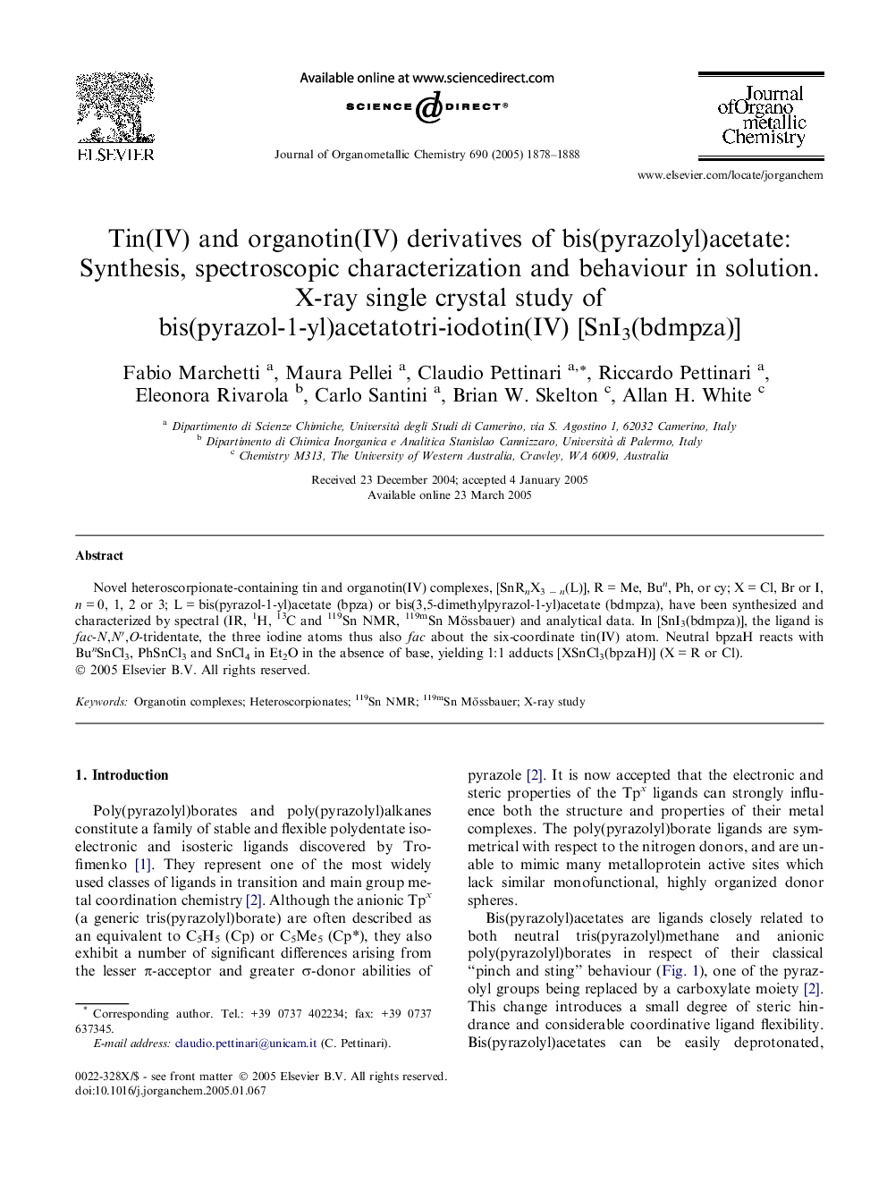 Tin(IV) and organotin(IV) derivatives of bis(pyrazolyl)acetate: Synthesis, spectroscopic characterization and behaviour in solution.: X-ray single crystal study of bis(pyrazol-1-yl)acetatotri-iodotin(IV) [SnI3(bdmpza)]