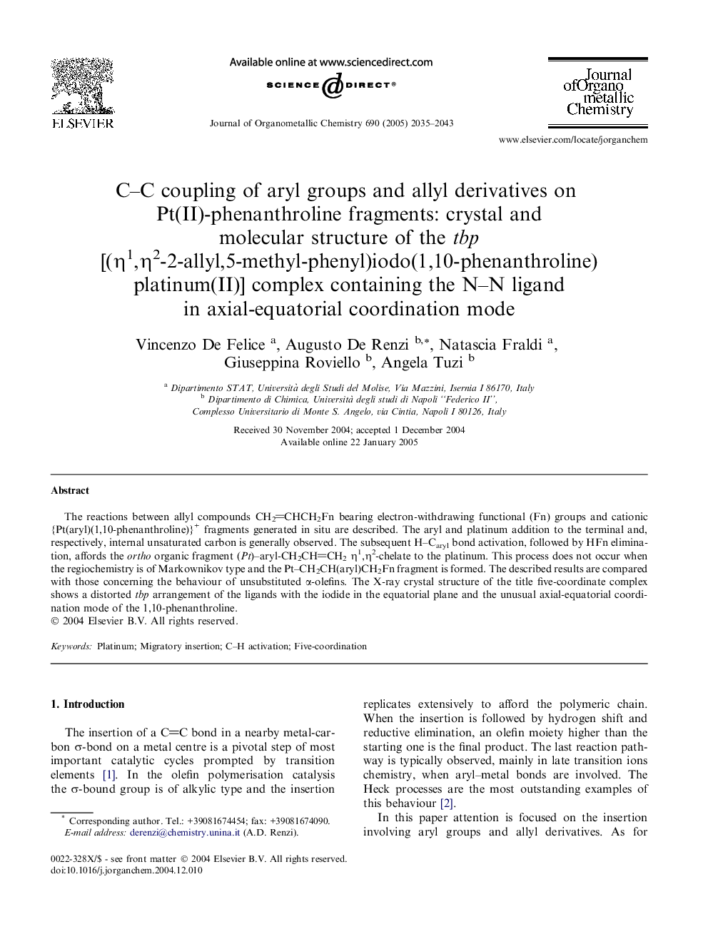 C–C coupling of aryl groups and allyl derivatives on Pt(II)-phenanthroline fragments: crystal and molecular structure of the tbp [(η1,η2-2-allyl,5-methyl-phenyl)iodo(1,10-phenanthroline)platinum(II)] complex containing the N–N ligand in axial-equatorial c