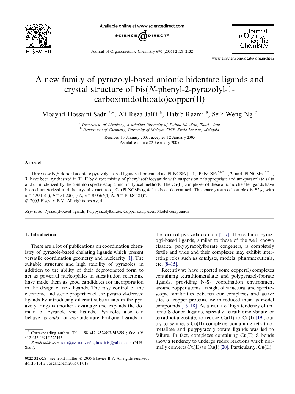 A new family of pyrazolyl-based anionic bidentate ligands and crystal structure of bis(N-phenyl-2-pyrazolyl-1-carboximidothioato)copper(II)