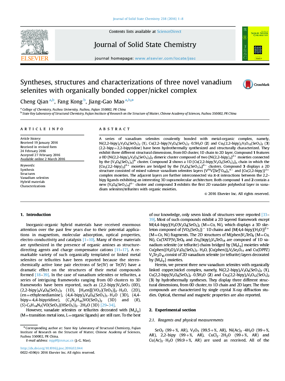 Syntheses, structures and characterizations of three novel vanadium selenites with organically bonded copper/nickel complex