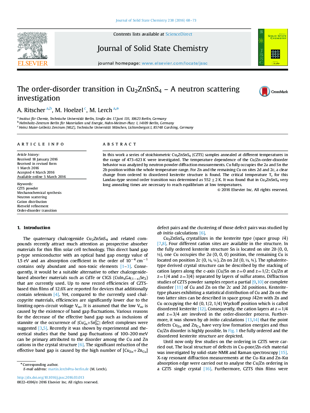 The order-disorder transition in Cu2ZnSnS4 – A neutron scattering investigation