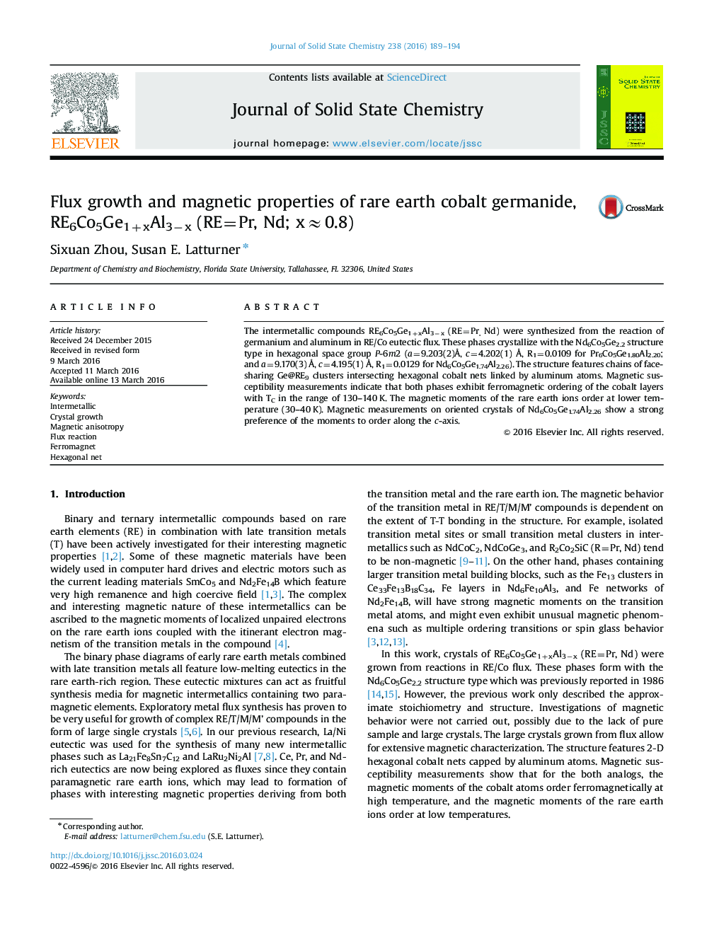 Flux growth and magnetic properties of rare earth cobalt germanide, RE6Co5Ge1+xAl3−x (RE=Pr, Nd; x≈0.8)