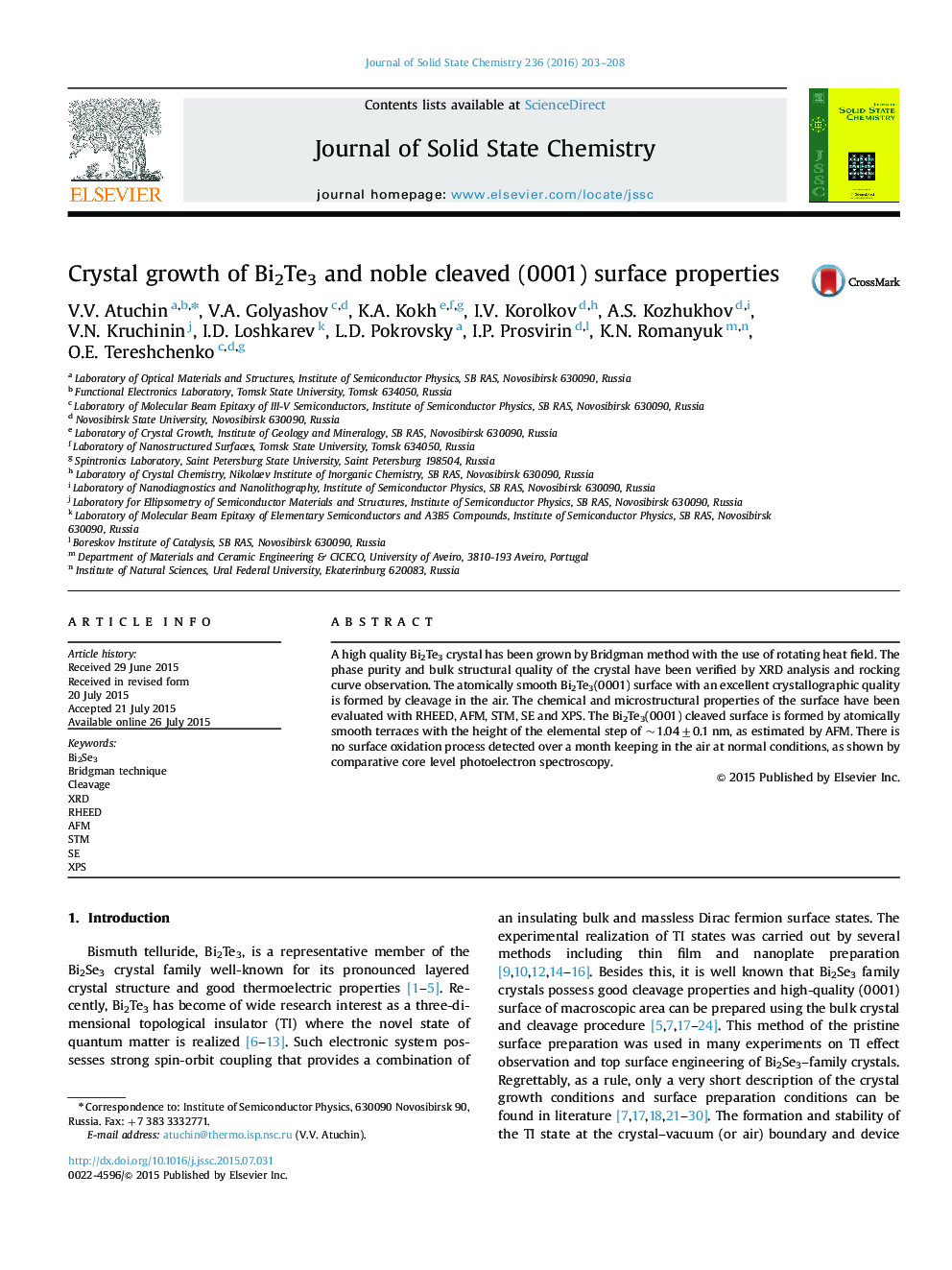 Crystal growth of Bi2Te3 and noble cleaved (0001) surface properties