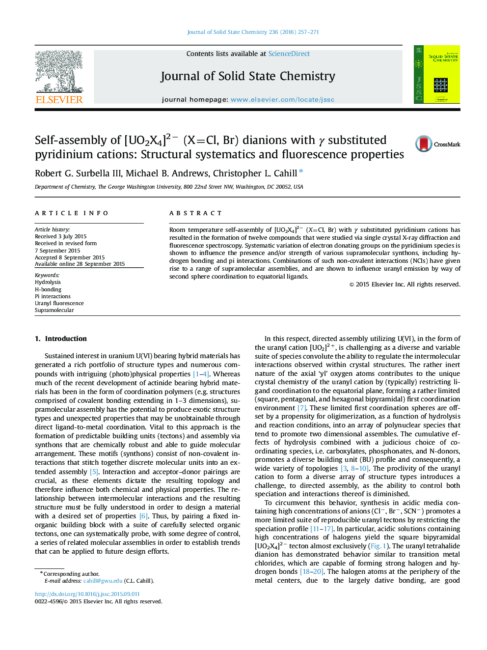 Self-assembly of [UO2X4]2− (X=Cl, Br) dianions with γ substituted pyridinium cations: Structural systematics and fluorescence properties