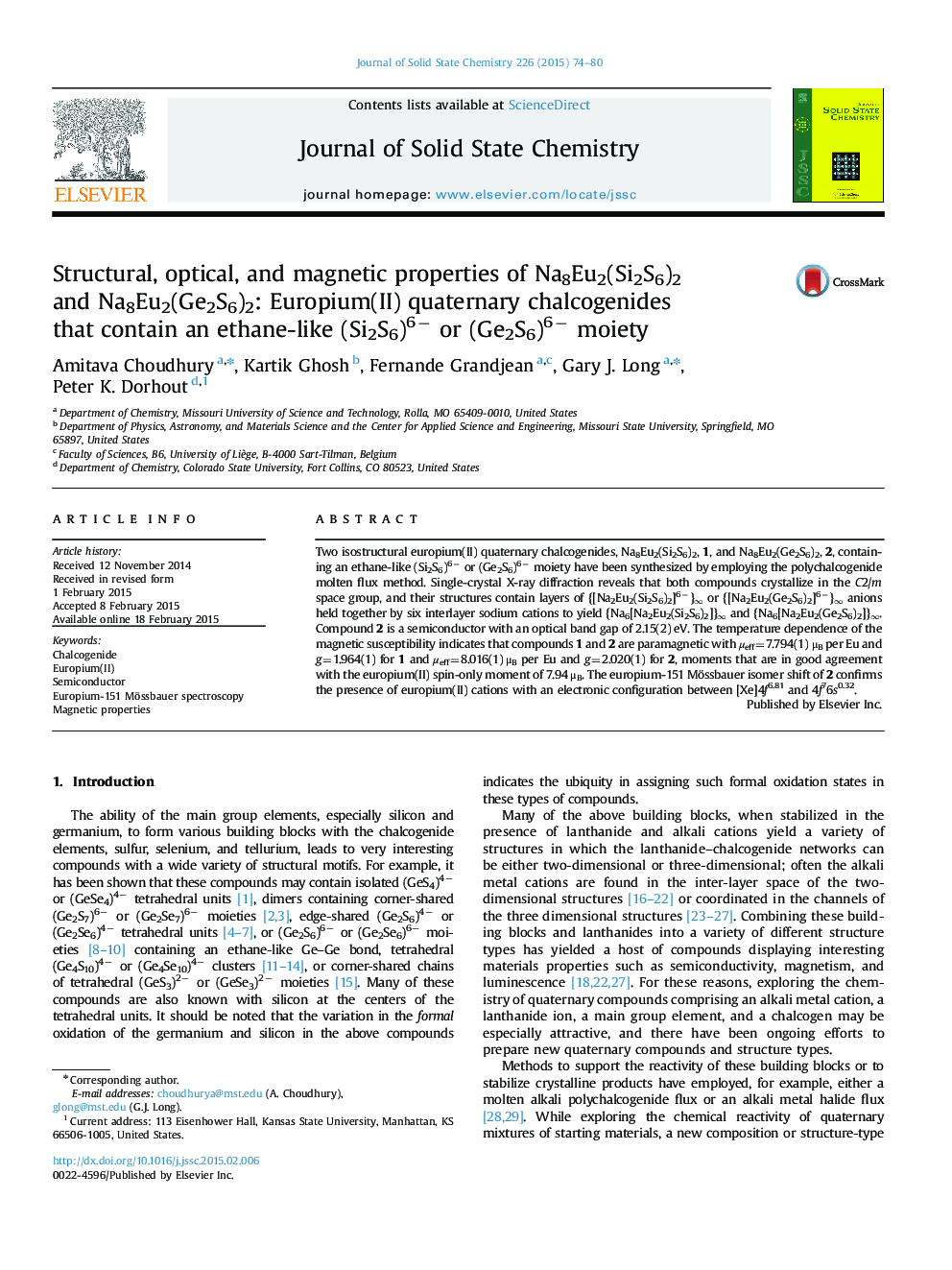 Structural, optical, and magnetic properties of Na8Eu2(Si2S6)2 and Na8Eu2(Ge2S6)2: Europium(II) quaternary chalcogenides that contain an ethane-like (Si2S6)6− or (Ge2S6)6− moiety