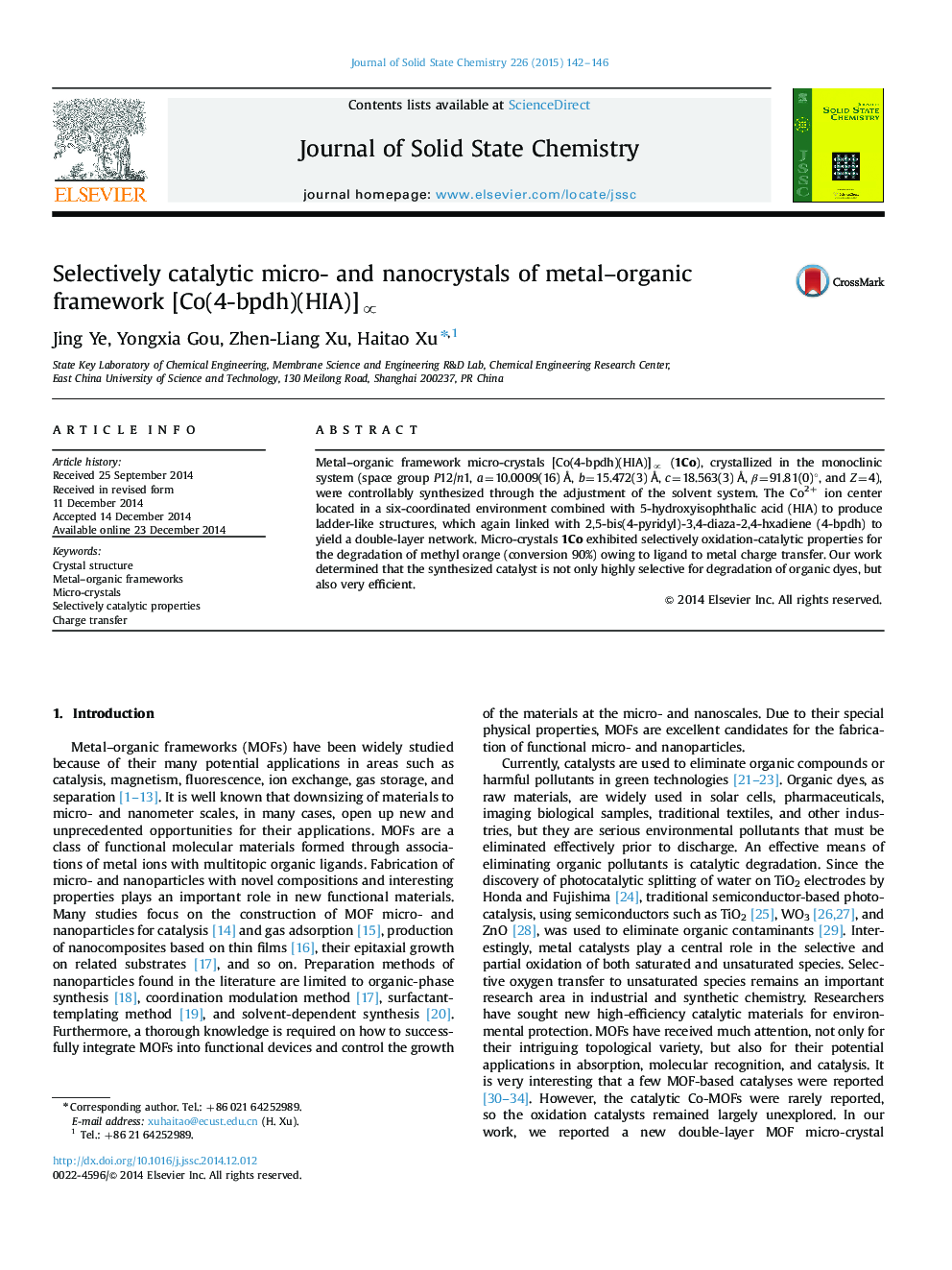 Selectively catalytic micro- and nanocrystals of metal–organic framework [Co(4-bpdh)(HIA)]∝