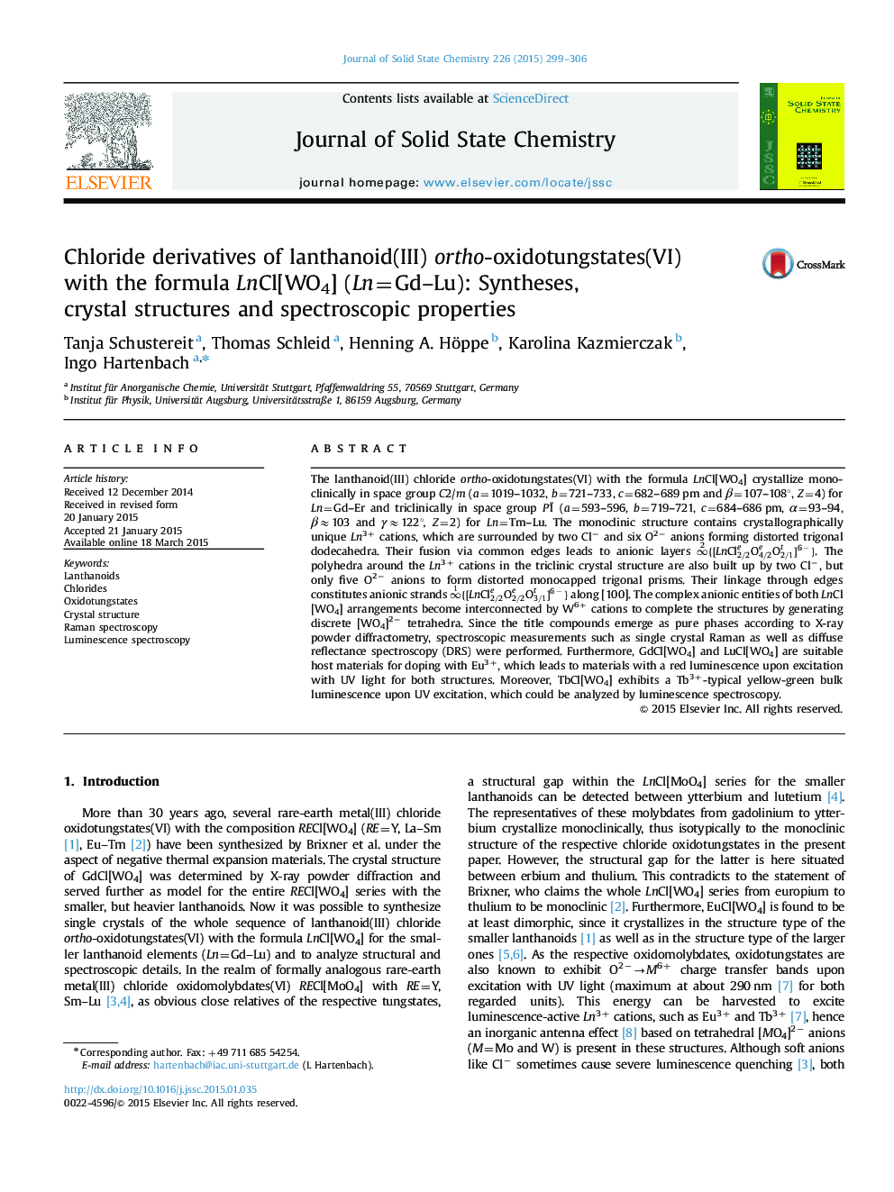 Chloride derivatives of lanthanoid(III) ortho-oxidotungstates(VI) with the formula LnCl[WO4] (Ln=Gd–Lu): Syntheses, crystal structures and spectroscopic properties