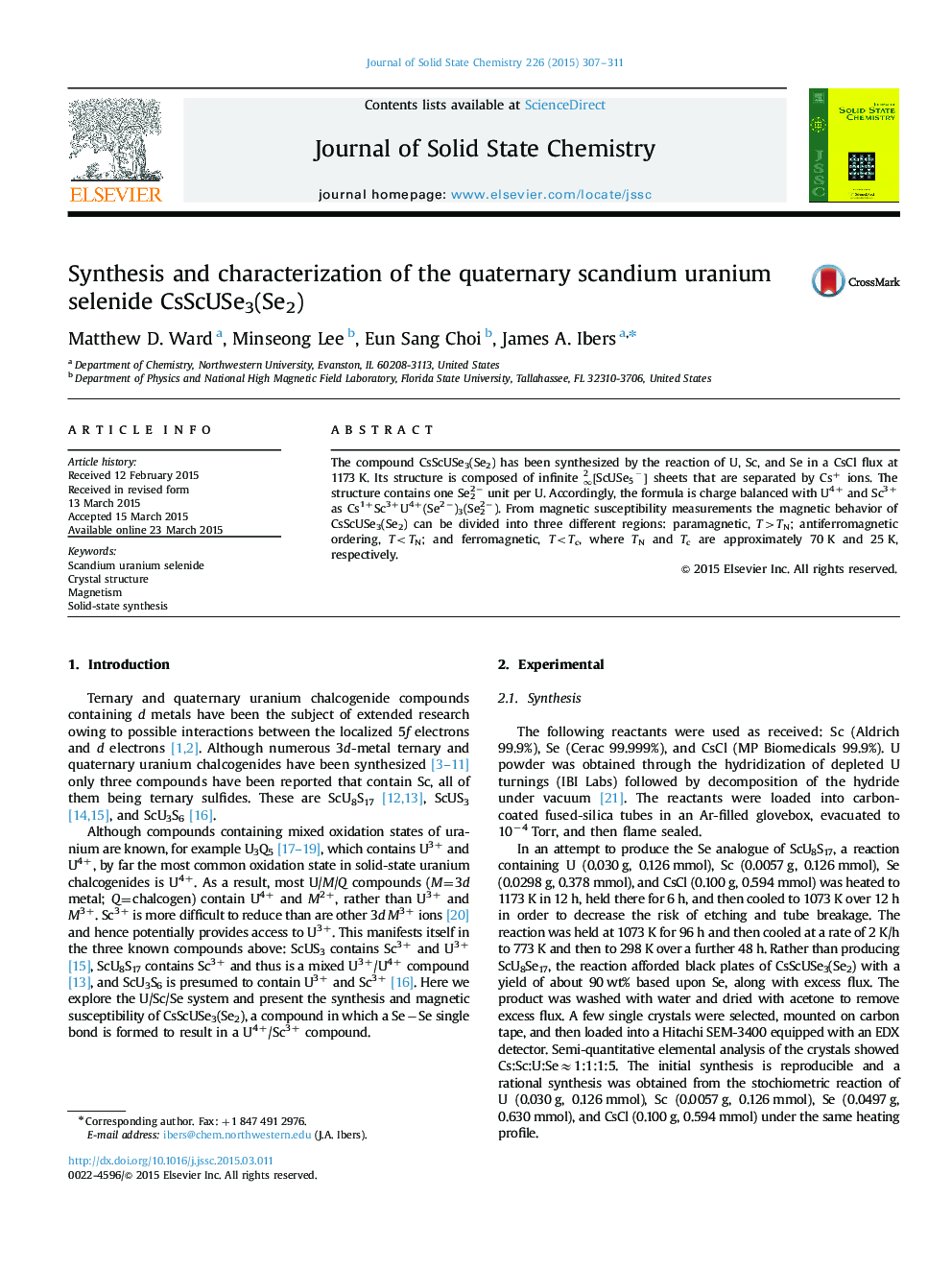 Synthesis and characterization of the quaternary scandium uranium selenide CsScUSe3(Se2)