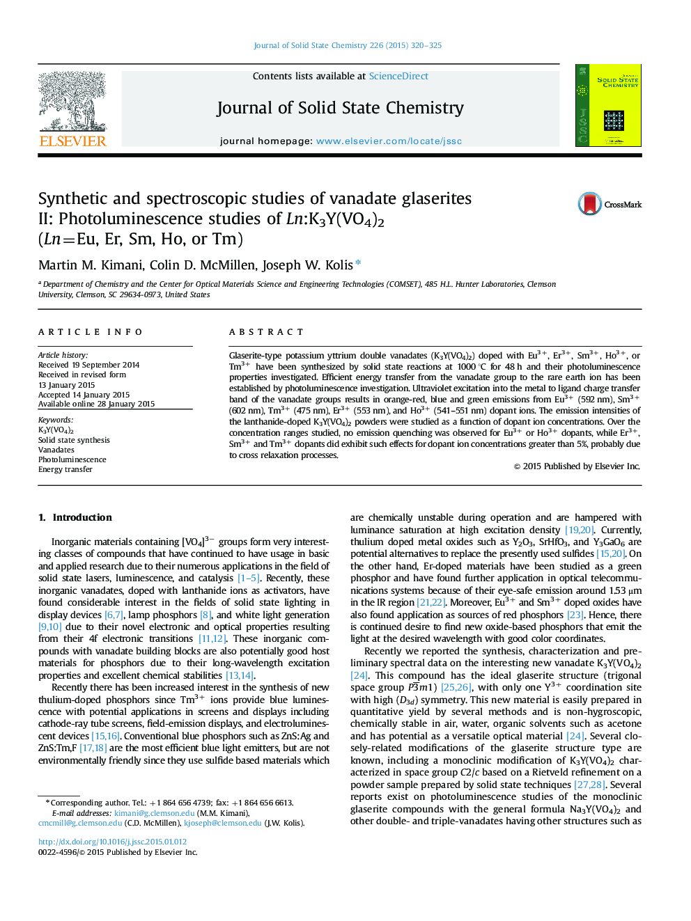 Synthetic and spectroscopic studies of vanadate glaserites II: Photoluminescence studies of Ln:K3Y(VO4)2 (Ln=Eu, Er, Sm, Ho, or Tm)