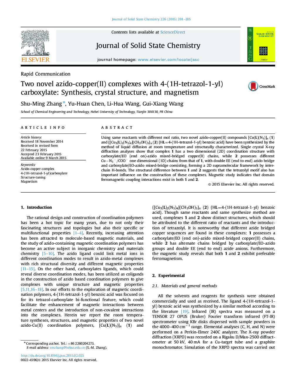 Two novel azido-copper(II) complexes with 4-(1H-tetrazol-1-yl) carboxylate: Synthesis, crystal structure, and magnetism