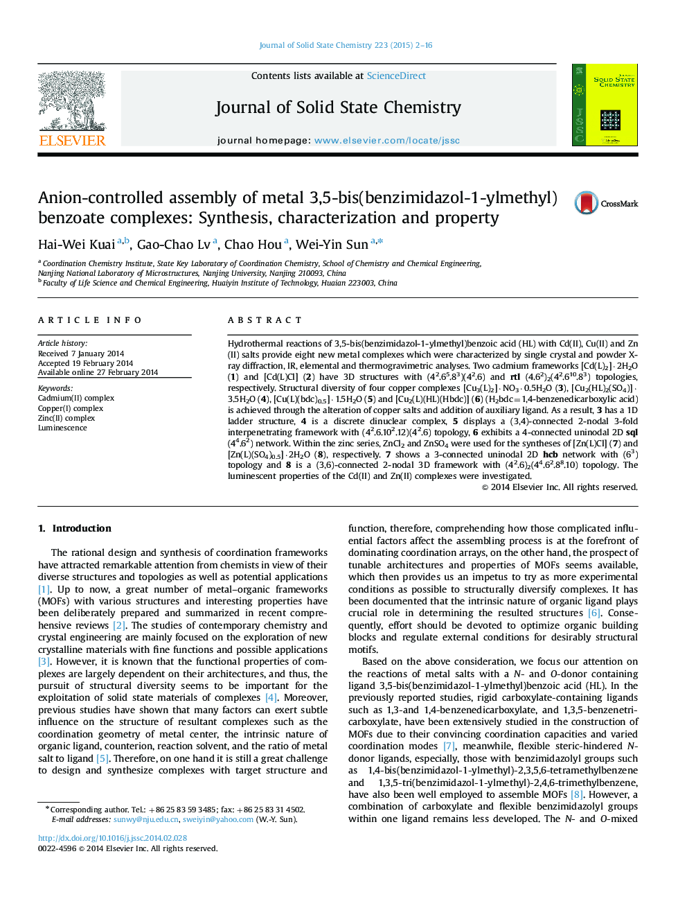 Anion-controlled assembly of metal 3,5-bis(benzimidazol-1-ylmethyl) benzoate complexes: Synthesis, characterization and property