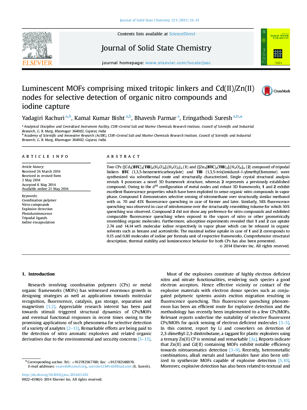 Luminescent MOFs comprising mixed tritopic linkers and Cd(II)/Zn(II) nodes for selective detection of organic nitro compounds and iodine capture