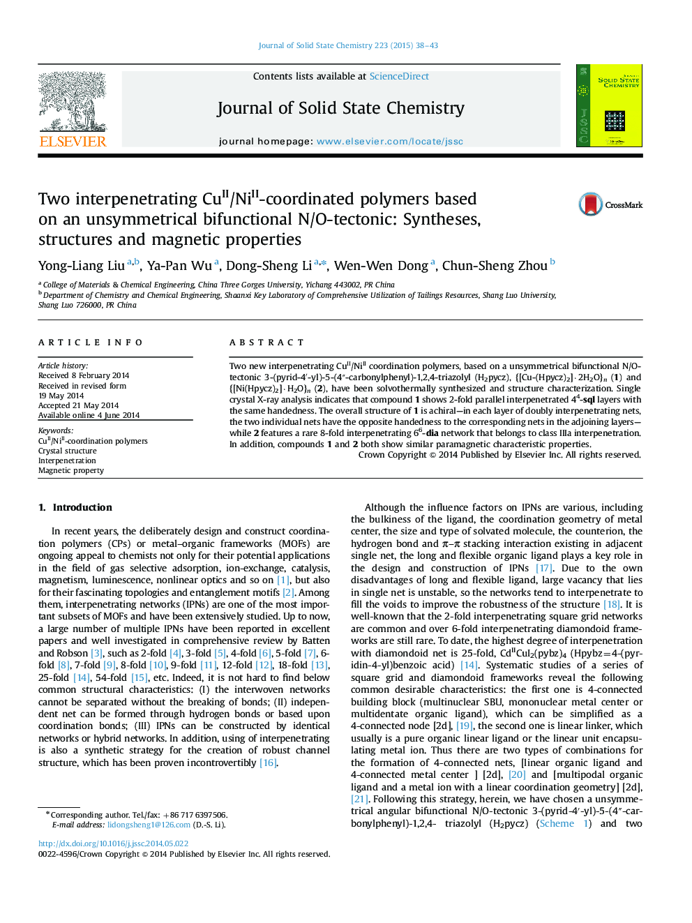 Two interpenetrating CuII/NiII-coordinated polymers based on an unsymmetrical bifunctional N/O-tectonic: Syntheses, structures and magnetic properties