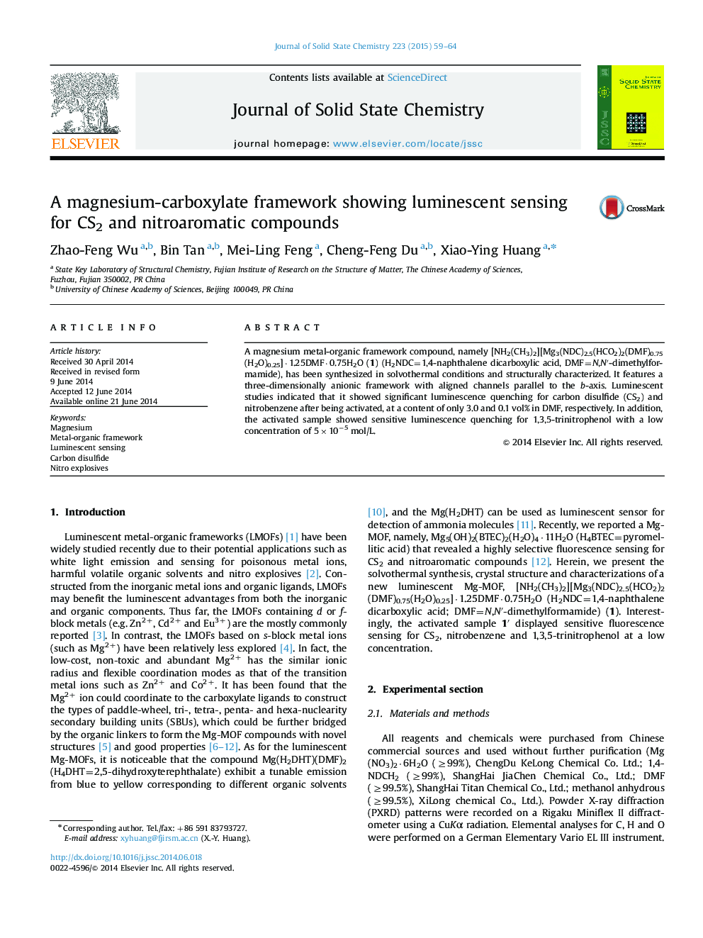 A magnesium-carboxylate framework showing luminescent sensing for CS2 and nitroaromatic compounds