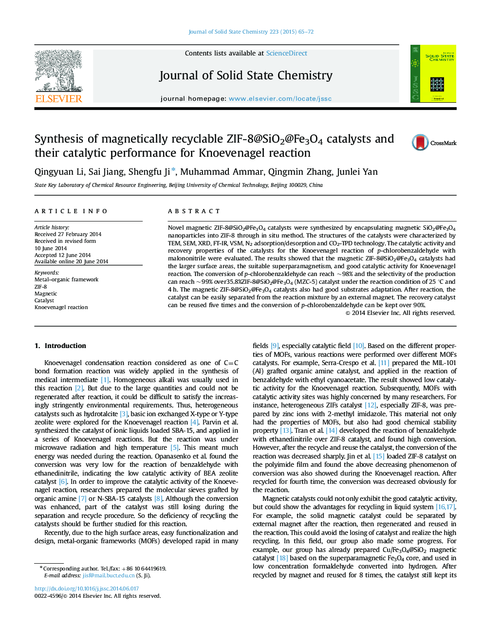 Synthesis of magnetically recyclable ZIF-8@SiO2@Fe3O4 catalysts and their catalytic performance for Knoevenagel reaction