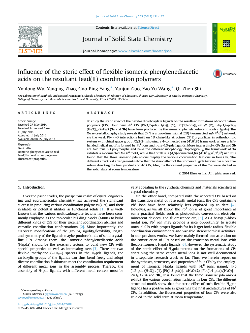 Influence of the steric effect of flexible isomeric phenylenediacetic acids on the resultant lead(II) coordination polymers