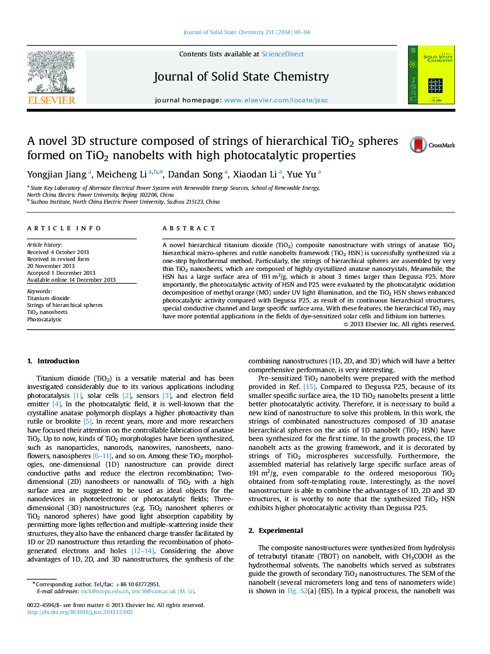 A novel 3D structure composed of strings of hierarchical TiO2 spheres formed on TiO2 nanobelts with high photocatalytic properties