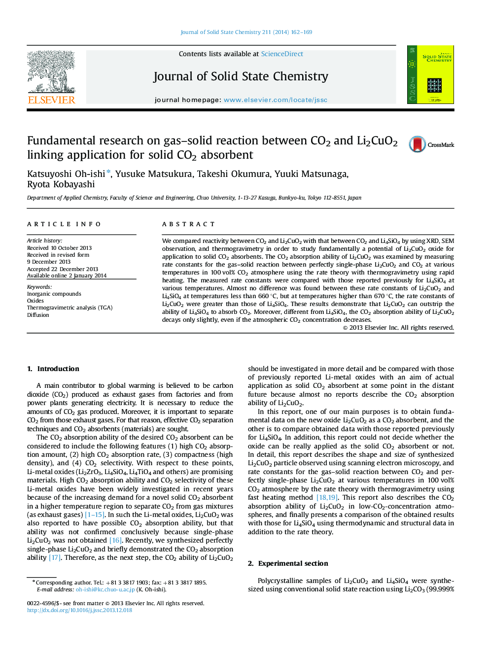 Fundamental research on gas–solid reaction between CO2 and Li2CuO2 linking application for solid CO2 absorbent