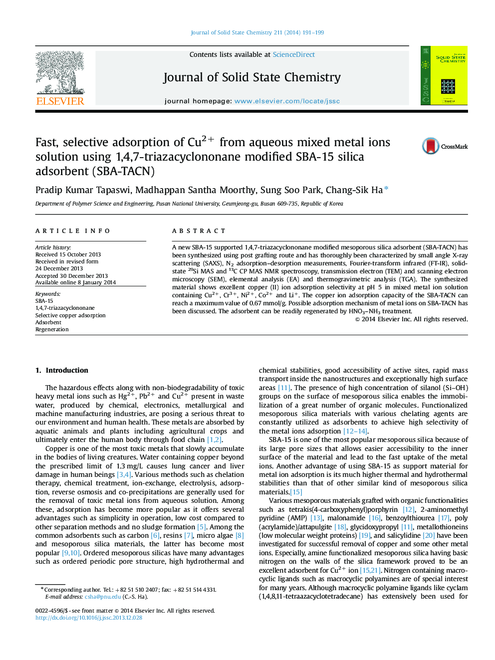Fast, selective adsorption of Cu2+ from aqueous mixed metal ions solution using 1,4,7-triazacyclononane modified SBA-15 silica adsorbent (SBA-TACN)