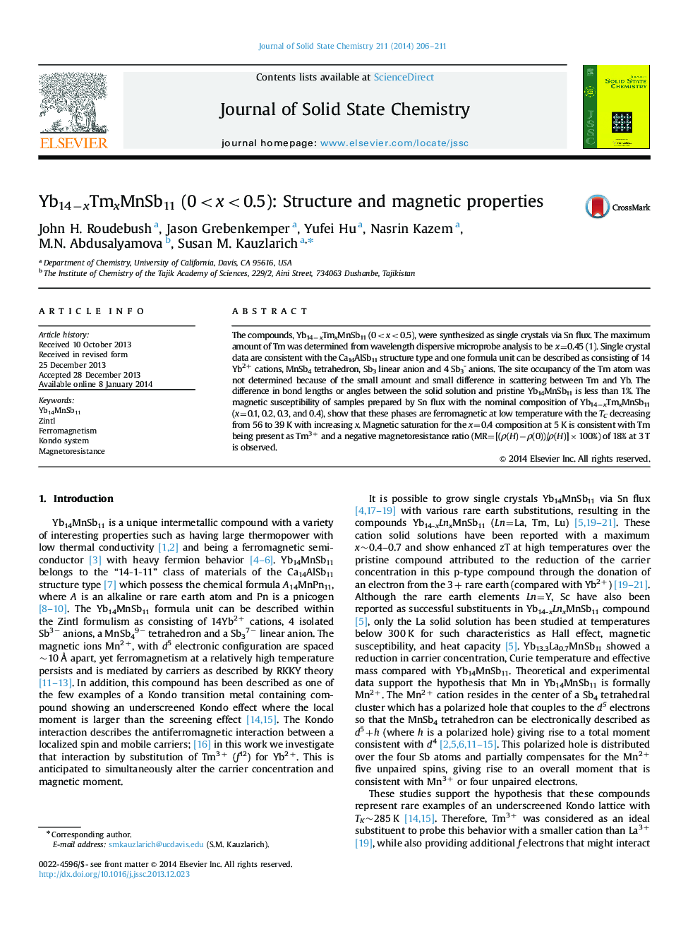 Yb14−xTmxMnSb11 (0<x<0.5): Structure and magnetic properties