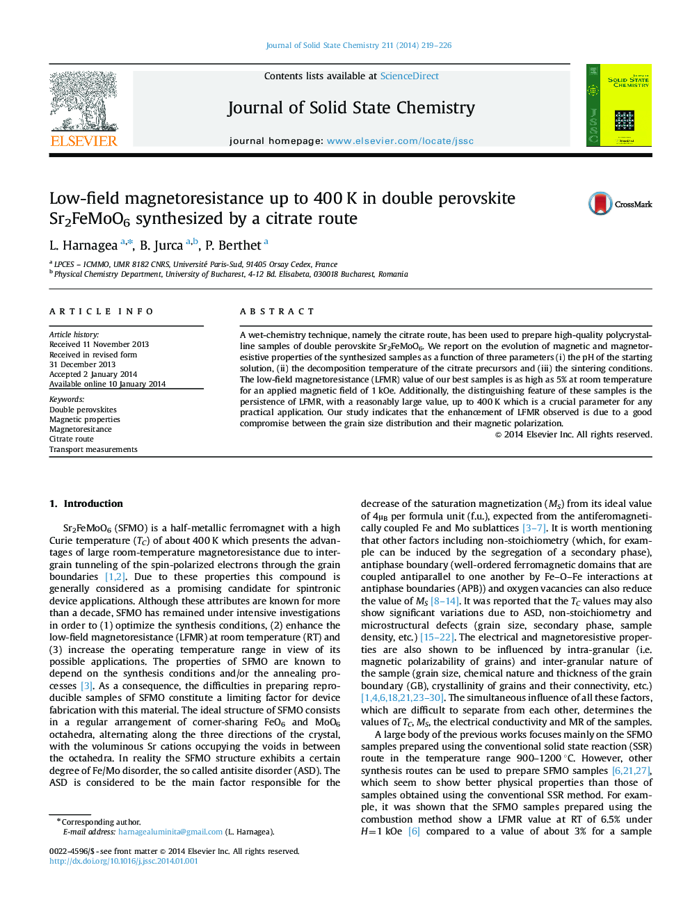 Low-field magnetoresistance up to 400 K in double perovskite Sr2FeMoO6 synthesized by a citrate route