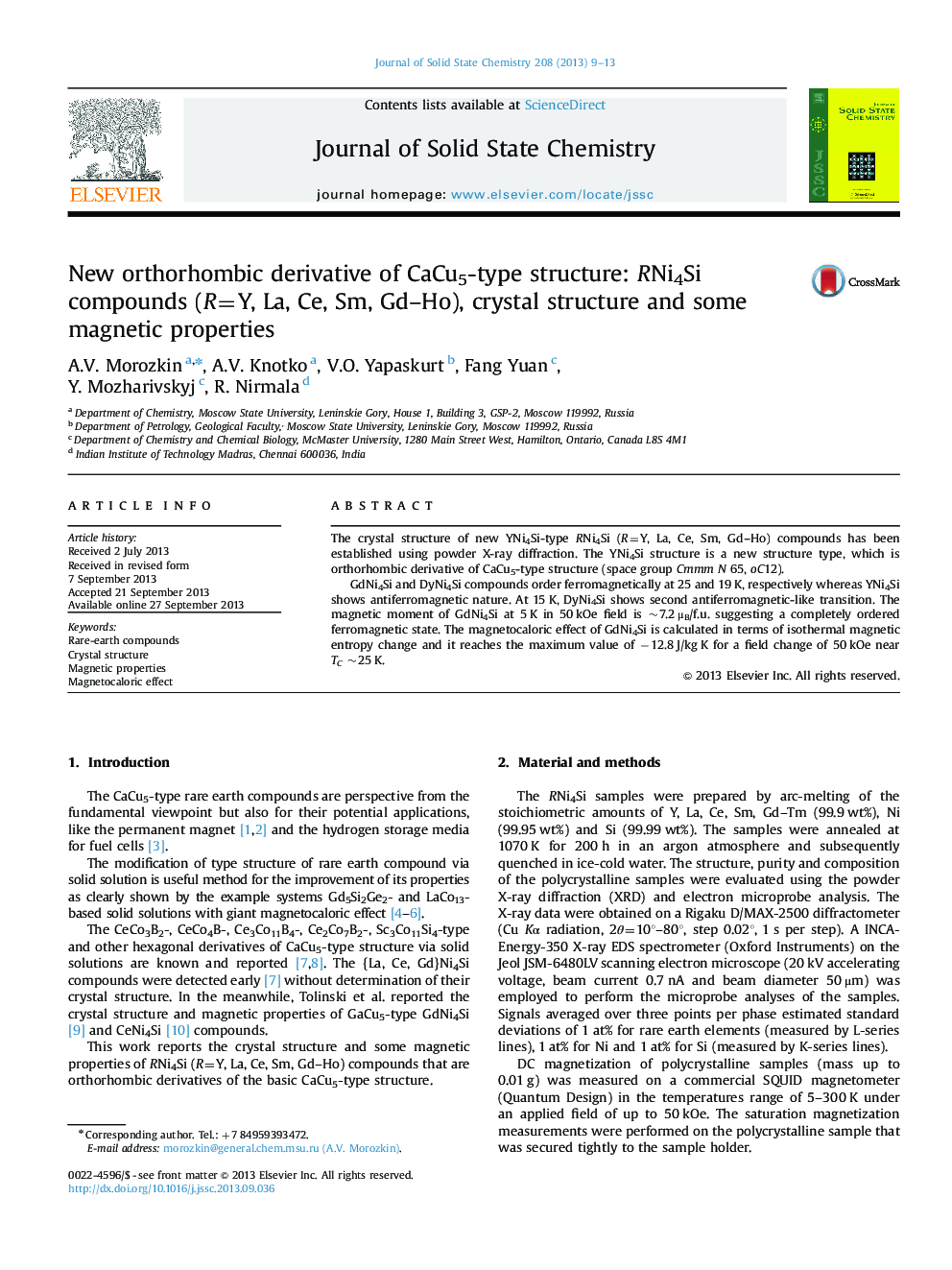 New orthorhombic derivative of CaCu5-type structure: RNi4Si compounds (R=Y, La, Ce, Sm, Gd–Ho), crystal structure and some magnetic properties