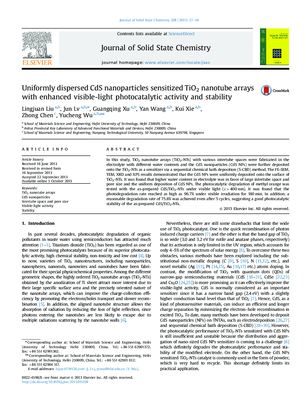 Uniformly dispersed CdS nanoparticles sensitized TiO2 nanotube arrays with enhanced visible-light photocatalytic activity and stability