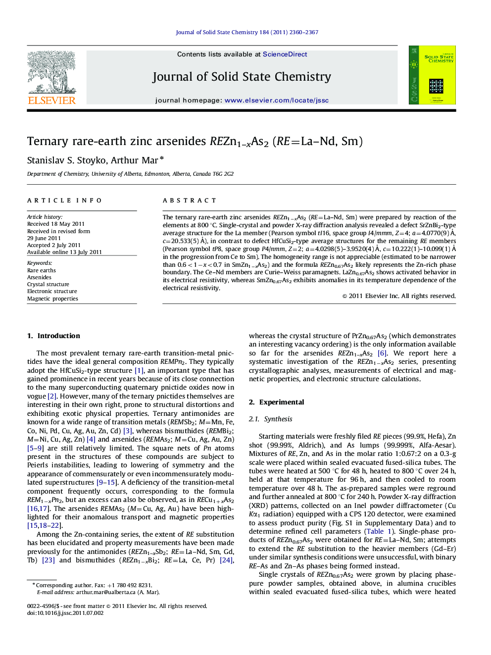 Ternary rare-earth zinc arsenides REZn1–xAs2 (RE=La–Nd, Sm)