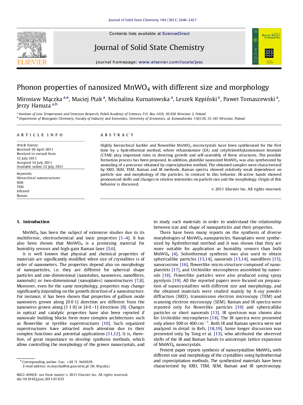 Phonon properties of nanosized MnWO4 with different size and morphology