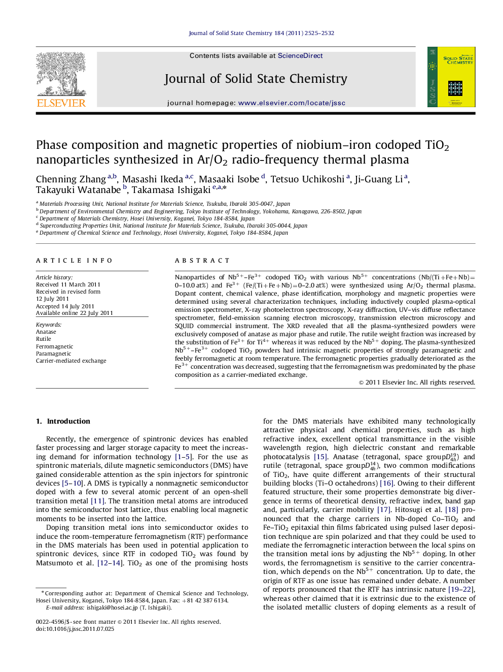 Phase composition and magnetic properties of niobium–iron codoped TiO2 nanoparticles synthesized in Ar/O2 radio-frequency thermal plasma