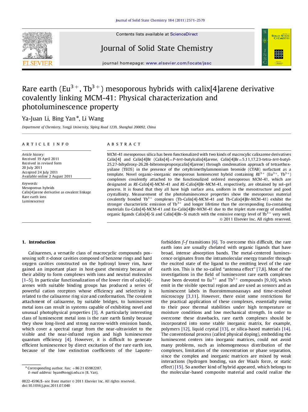 Rare earth (Eu3+, Tb3+) mesoporous hybrids with calix[4]arene derivative covalently linking MCM-41: Physical characterization and photoluminescence property