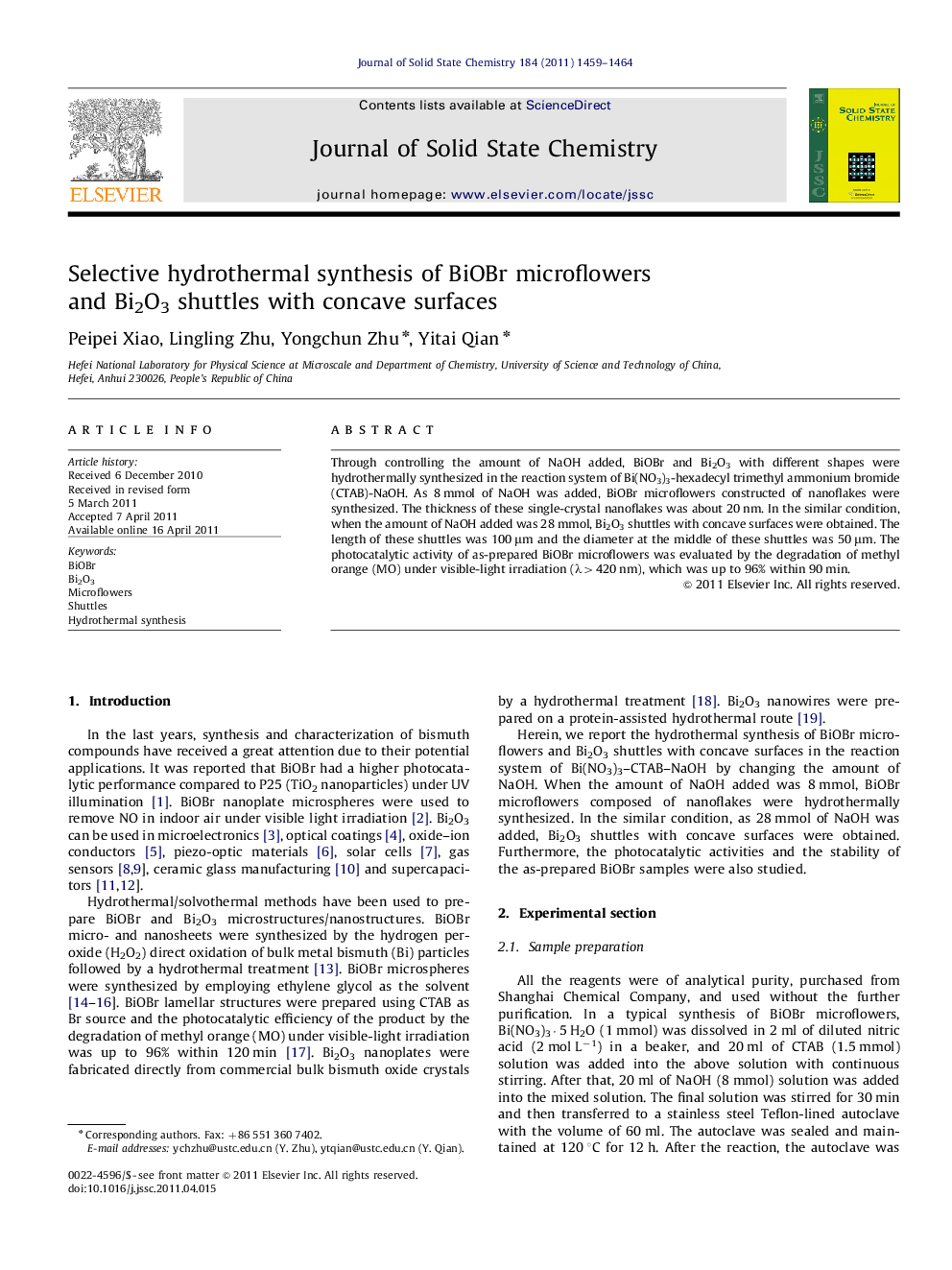 Selective hydrothermal synthesis of BiOBr microflowers and Bi2O3 shuttles with concave surfaces