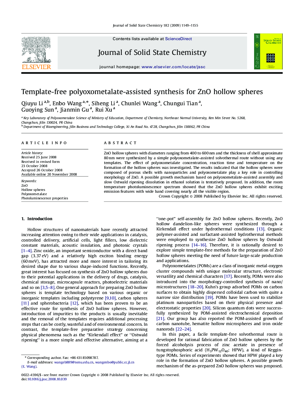 Template-free polyoxometalate-assisted synthesis for ZnO hollow spheres