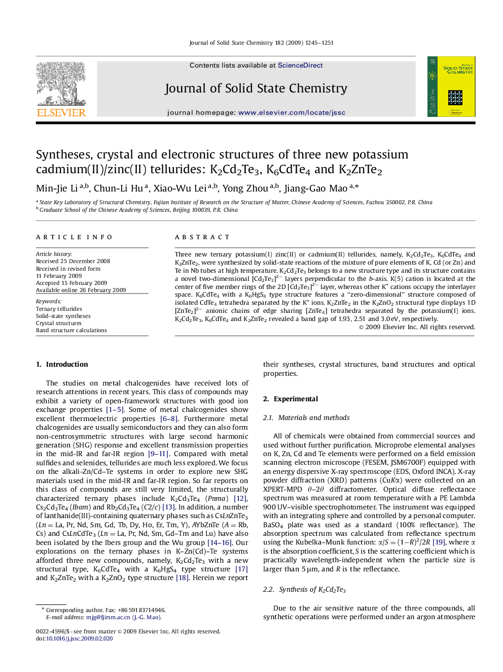 Syntheses, crystal and electronic structures of three new potassium cadmium(II)/zinc(II) tellurides: K2Cd2Te3, K6CdTe4 and K2ZnTe2